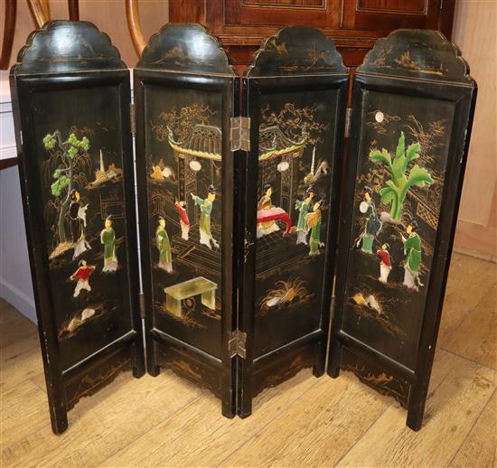 A Chinese four fold lacquer screen W.116cm
